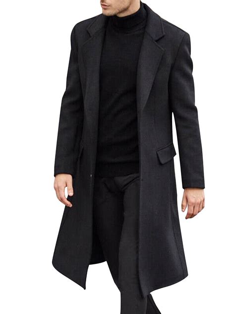 mens winter warm wool coat lapel trench outwear overcoat long jacket solid british slim fit