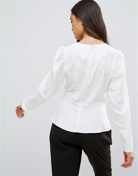 asos synthetic long sleeve blouse  origami detail  white lyst