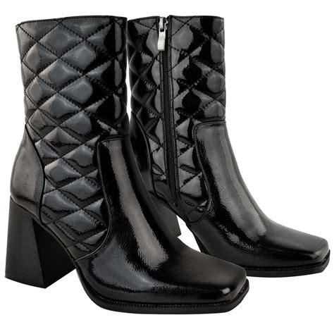 womens flared heel quilted ankle boots block heel square toe padded