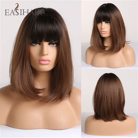 Easihair Black To Brown Omber Straight Bob Wigs Medium Length Synthetic