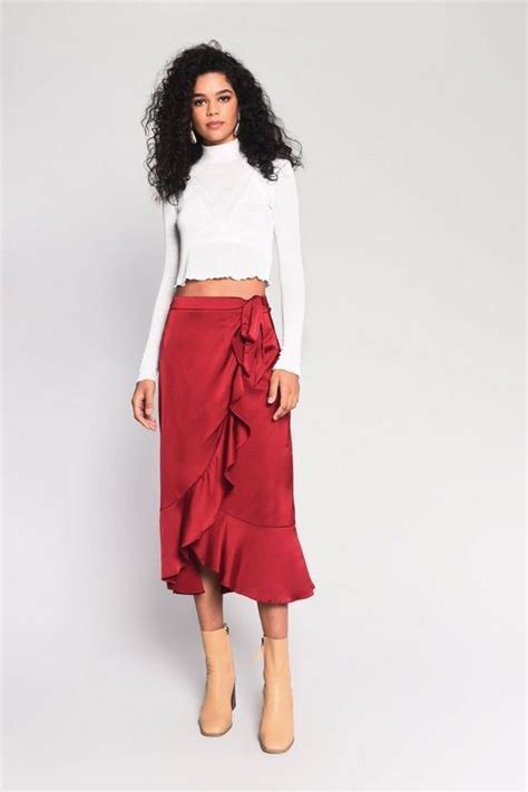 womens satin wrap skirt  glamorous raspberry topshop outfit wrap skirt midi skirt asos