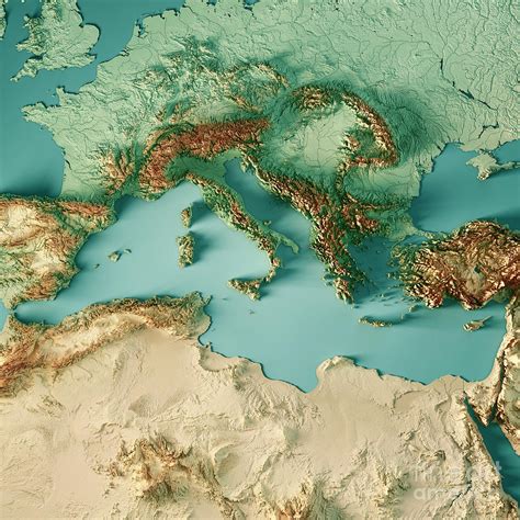 mediterranean sea  render topographic map color digital art  frank