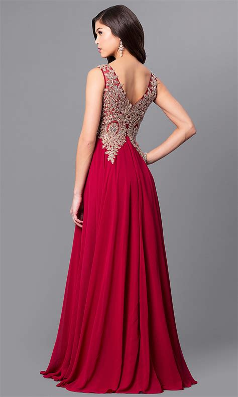 beaded lace applique long prom dress with v neckline