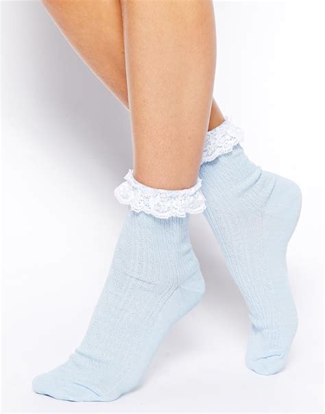 Lyst Asos Lace Trim Ankle Socks In Blue