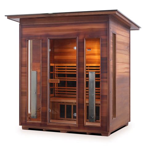 person outdoor infrared sauna rustic series enlighten saunas