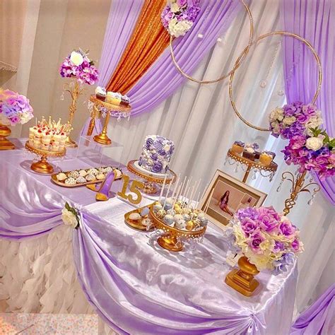 elegant lavender and gold quinceañera party decorations for sweets