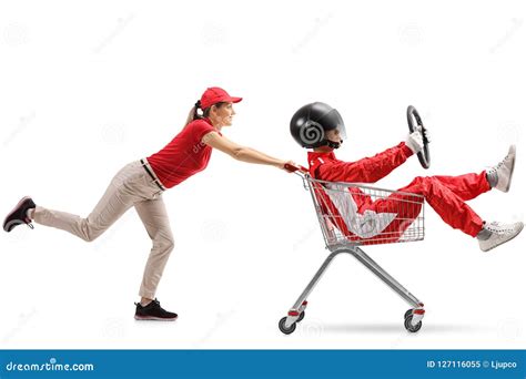 female pushing  shopping cart   male racer  stock image