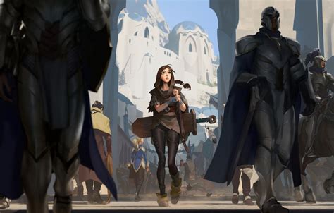 wallpaper city girl sword fantasy soldiers armor weapon street