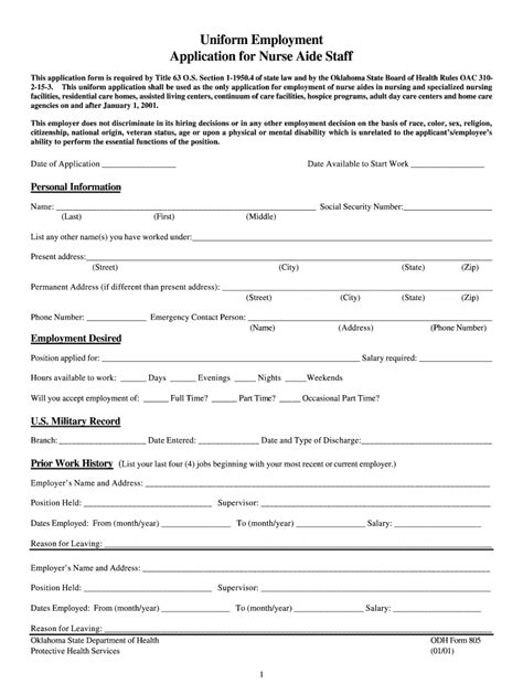 Uniform Employment Application For Nurse Aide Staff Fill Out And Sign