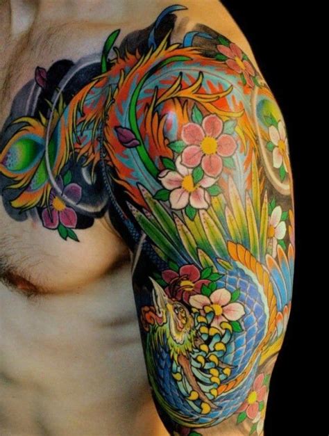 Stylish Peacock Tattoo On Shoulder For Men New Color