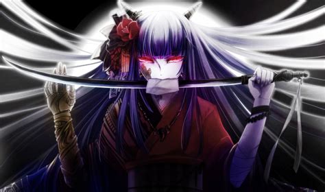 purple haired demon girl  sword anime character hd wallpaper wallpaper flare
