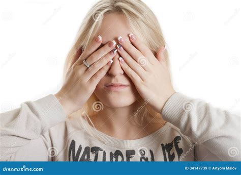 girl covering  face   hands stock image image