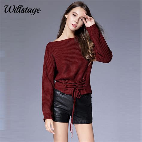 willstage women sweaters front lace up criss cross sexy off the