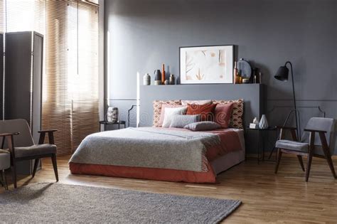 spacious grey retro bedroom interior stock image image  room armchair