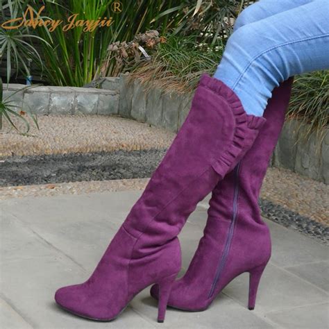 nancyjayjii purple ruffles knee high boots zipper winter round toe