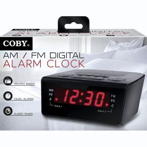 coby cbcr dual alarm clock amfm radio   red led  backup  aaa detail page