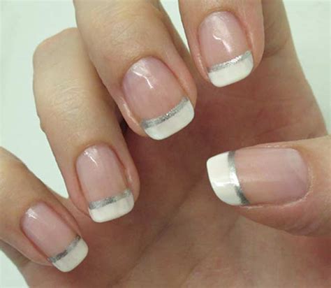 French Manicure With Glitter Gold Silver Line Designs