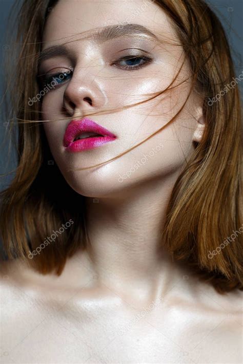 Young Girl Crimson Lips Fluttering Hair Beautiful Model Makeup Nude