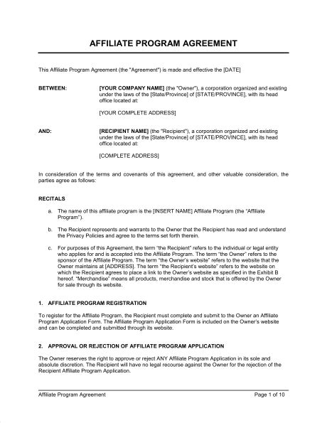 affiliate program agreement template and sample form
