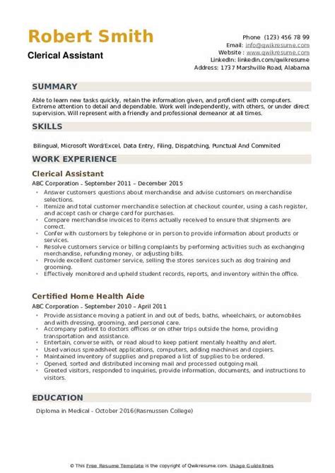 clerical assistant resume samples qwikresume