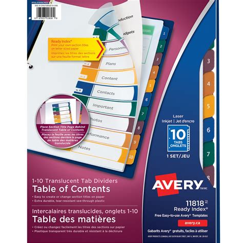 avery  ready index translucent table  contents dividers white dividers  multi