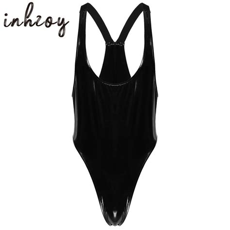 Gay Mens Sexy Bodysuit Latex Patent Leather Catsuit High Cut Thong