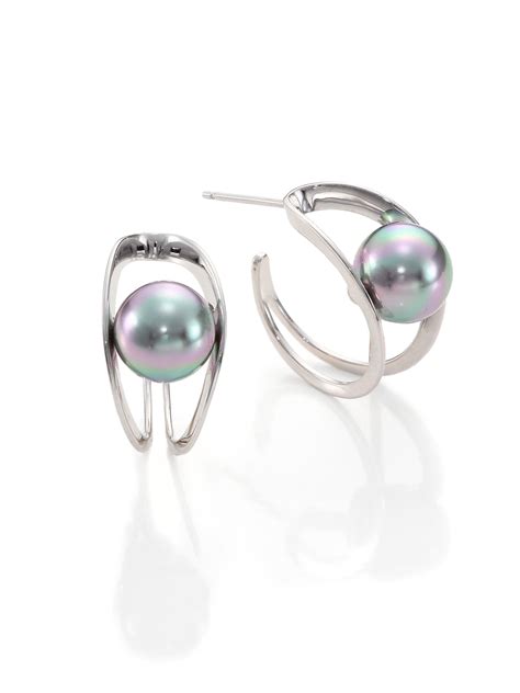lyst majorica mm grey  pearl sterling silver hoop earrings  metallic