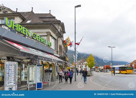 local businesses scene  retail stores  downtown interlaken switzerland editorial stock