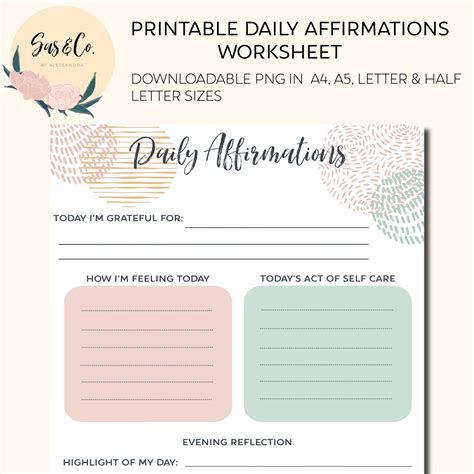printable daily affirmations worksheet etsy