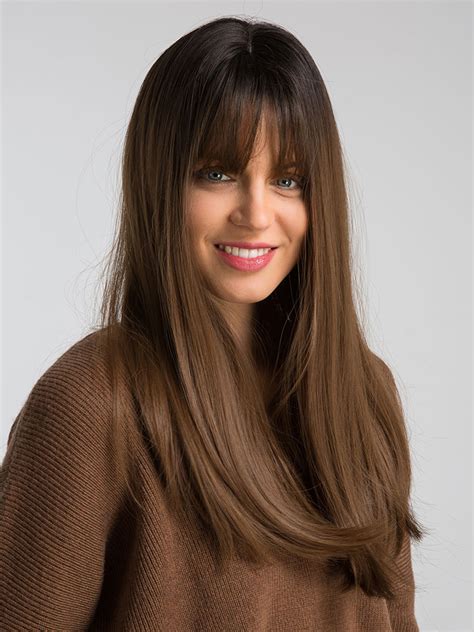 Brown Hair Wigs Women Layered Long Straight Synthetic Wigs With Bangs