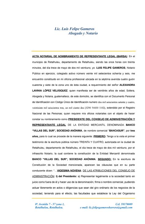 Acta Notarial De Nombramiento De Representante Legal Acta Notarial De