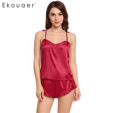 ekouaer sexy satin pajama women solid v neck cami shorts sleepwear set