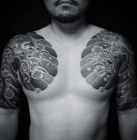 Japanese Style Shoulder And Chest Tattoos