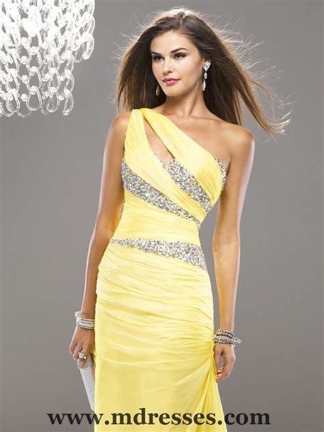 elegant mermaid one shoulder yellow long evening prom dresses party