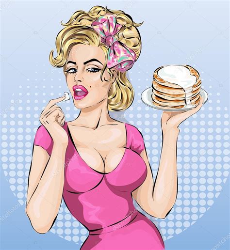 Sexy Pop Art Woman Portrait With Pancakes Pin Up — Stock
