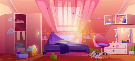 rommelige meisjesslaapkamer interior op zolder vector illustratie illustration