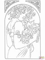 Mucha Coloring Alphonse Pages Fruit Nouveau Printable Drawing Spring Adults Nature sketch template