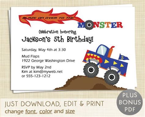 monster truck birthday invitation editable  instant