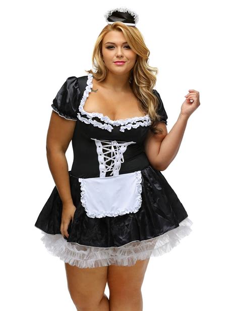Plus Size Halloween Satin French Maid Adult Uniform Fancy Dress Costume