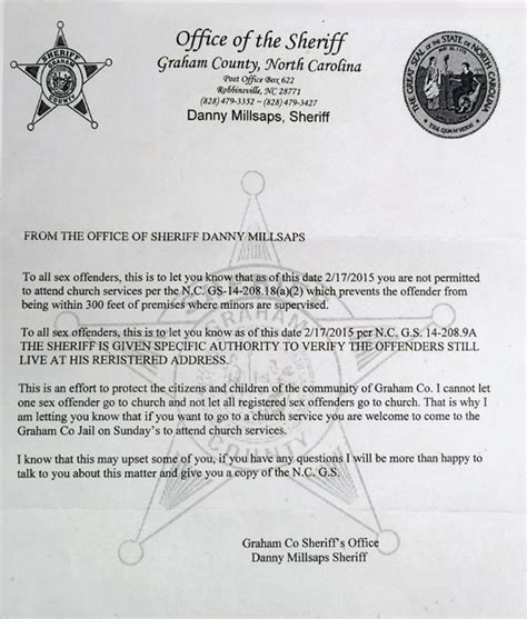 sheriff tells sex offenders they may not go to church directs them to