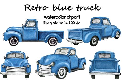 watercolor retro blue truck clipart graphic  sashanikart creative