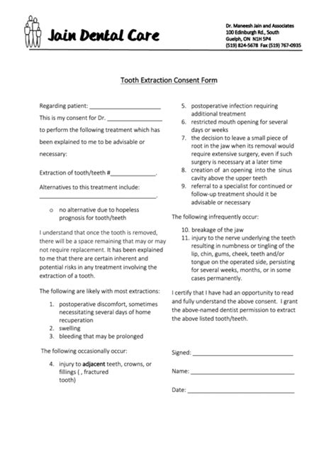 dental extraction consent form  spanish printable consent form