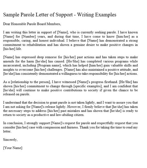 parole letter  support sample culturo pedia