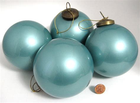 Pottery Barn Pearlized Aqua Blue Christmas Tree Ornaments 4 Large Glass