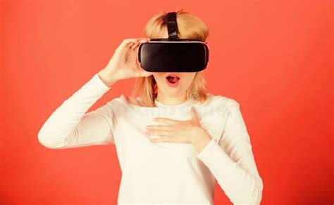 Woman Using Vr Device Woman Enjoying Cyber Fun Experience In Vr