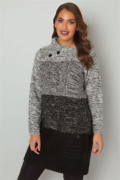 grey black cable knit tunic dress  split neck pockets
