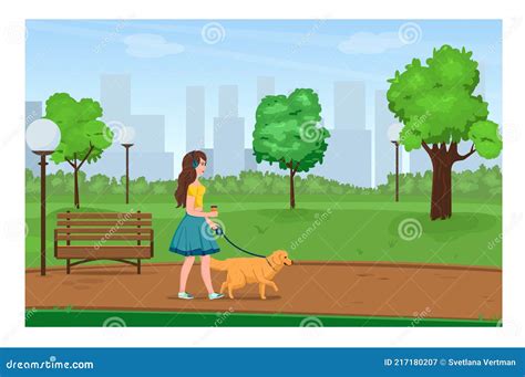 Una Niña Paseando Por El Parque Con Un Perro Ilustración Del Vector