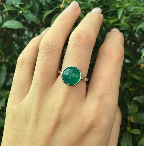 green gemstone  silver ring green onyx stackable ring faceted green chalcedony ring