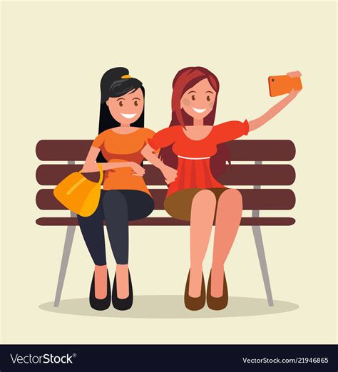 two girls sit on a bench and take selfies vector image