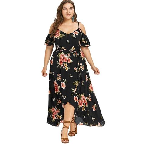 women summer plus size 5xl cold shoulder floral overlap dress spaghetti
